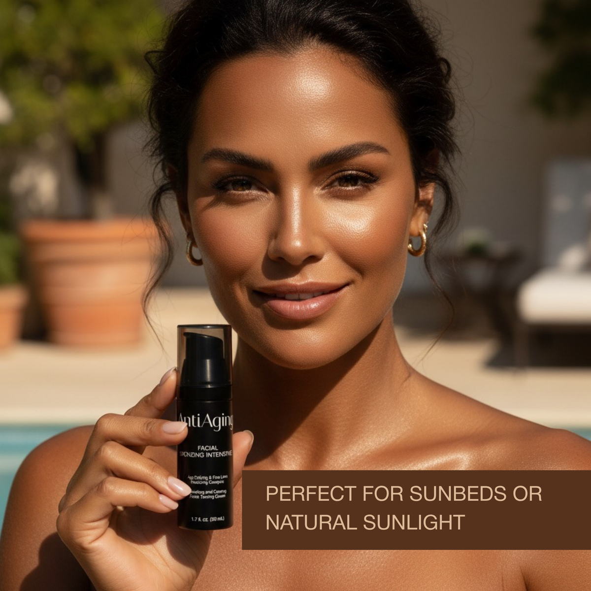Woman by pool holding Onyx Anti-Aging Face Tanning Lotion, perfect for sunbeds or natural sunlight, smooth glowing skin