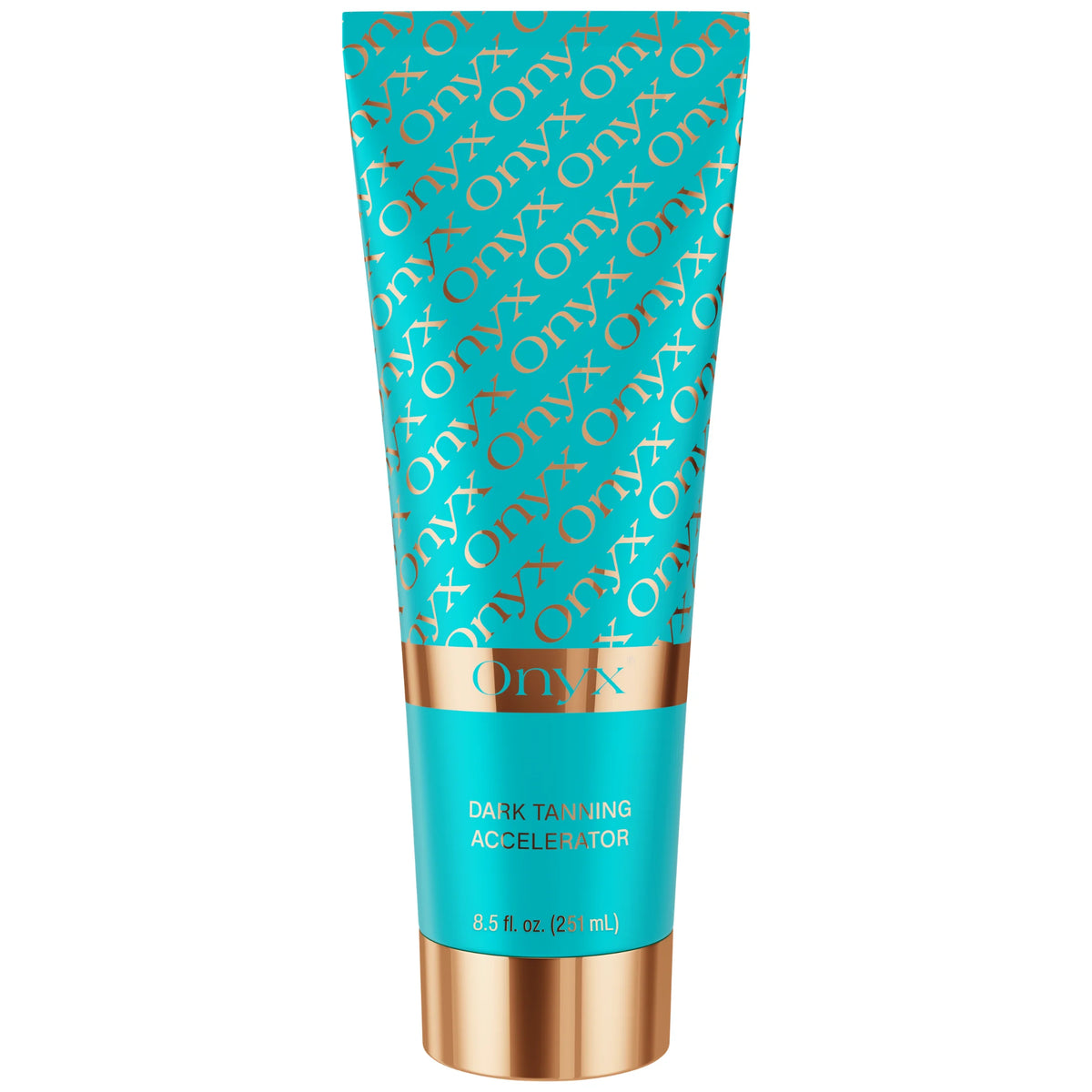 A turquoise tube of Onyx dark tanning accelerator is shown against a plain background, highlighting the product packaging and size.
