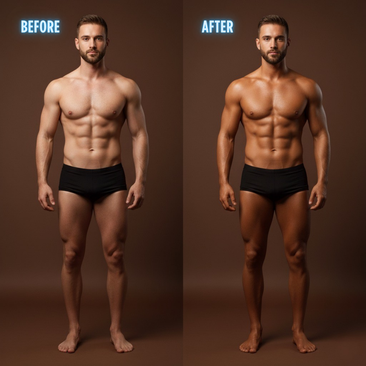 Before and after full body tan results using Onyx HE tanning accelerator for men with even dark tone