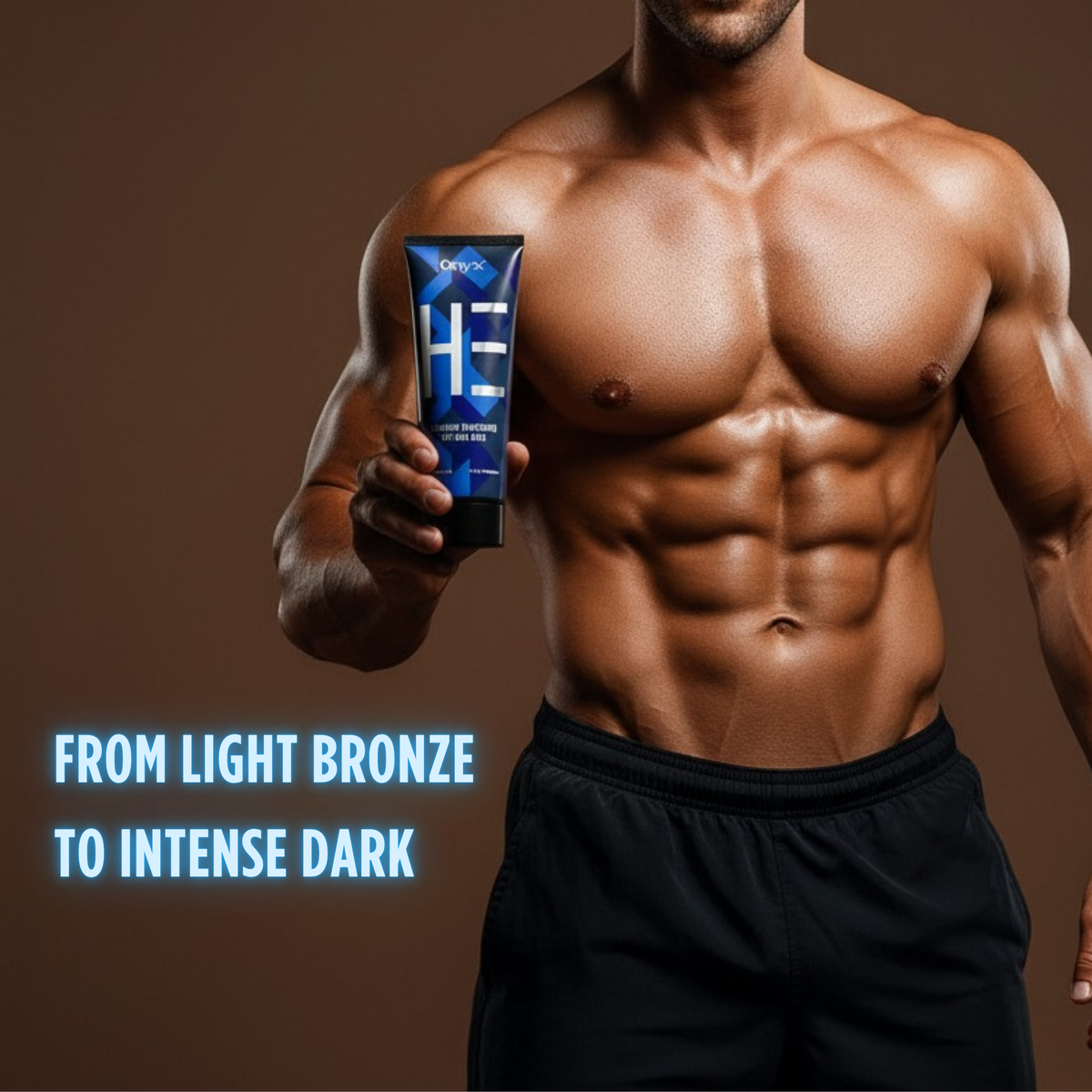 Man holding Onyx HE sunbed cream showing transformation from light bronze to intense dark tan