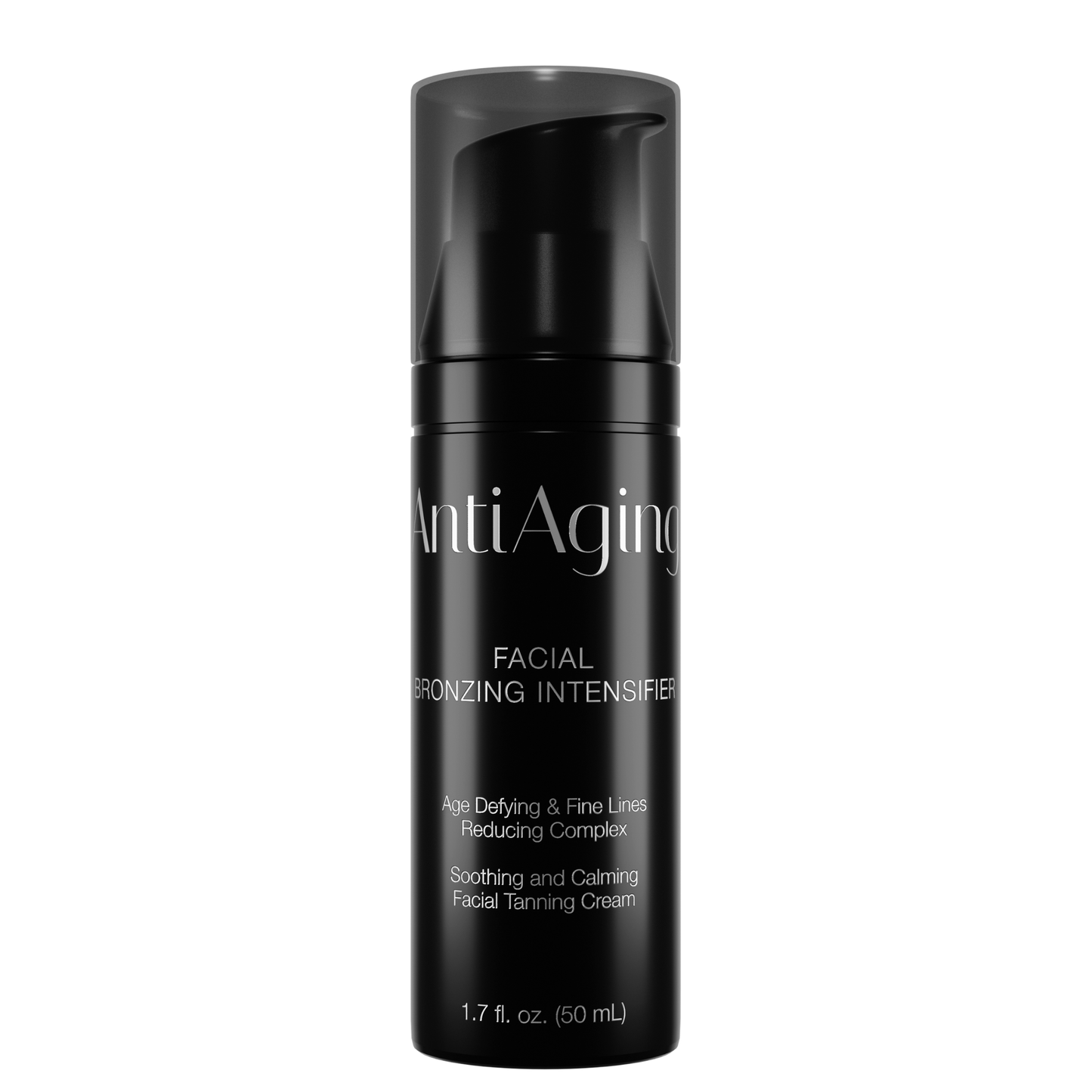 Front-facing product image of the AntiAging Facial Bronzing Intensifier in a 50 ml black pump bottle.