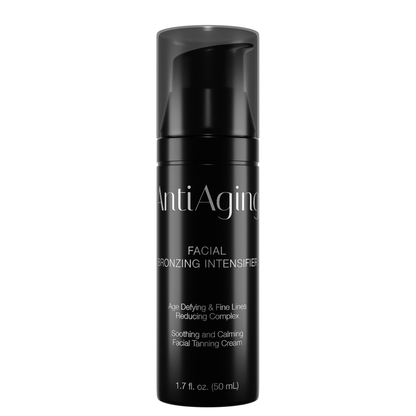 Front-facing product image of the AntiAging Facial Bronzing Intensifier in a 50 ml black pump bottle.