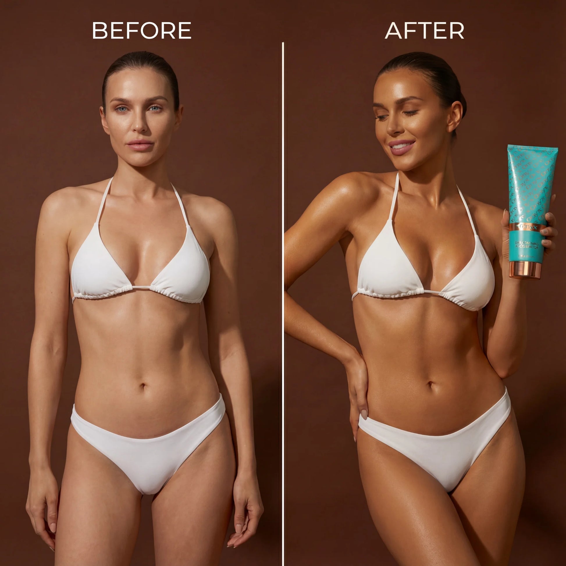 A before and after comparison shows a woman with lighter skin tone on one side and a deeper tan on the other while holding the product.