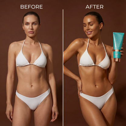 A before and after comparison shows a woman with lighter skin tone on one side and a deeper tan on the other while holding the product.