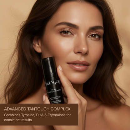Model with Onyx Anti-Aging bronzing intensifier featuring advanced TanTouch Complex with Tyrosine, DHA, and Erythrulose