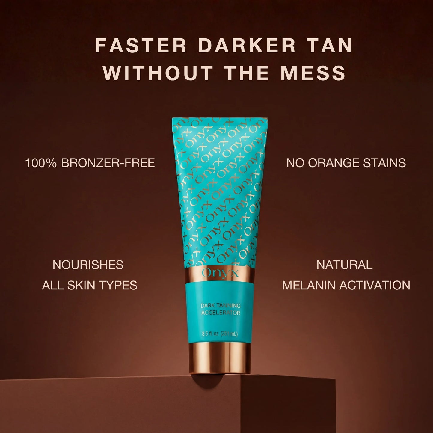 A product image of Onyx dark tanning accelerator is displayed with text describing its features, including bronzer-free formula and natural melanin activation.