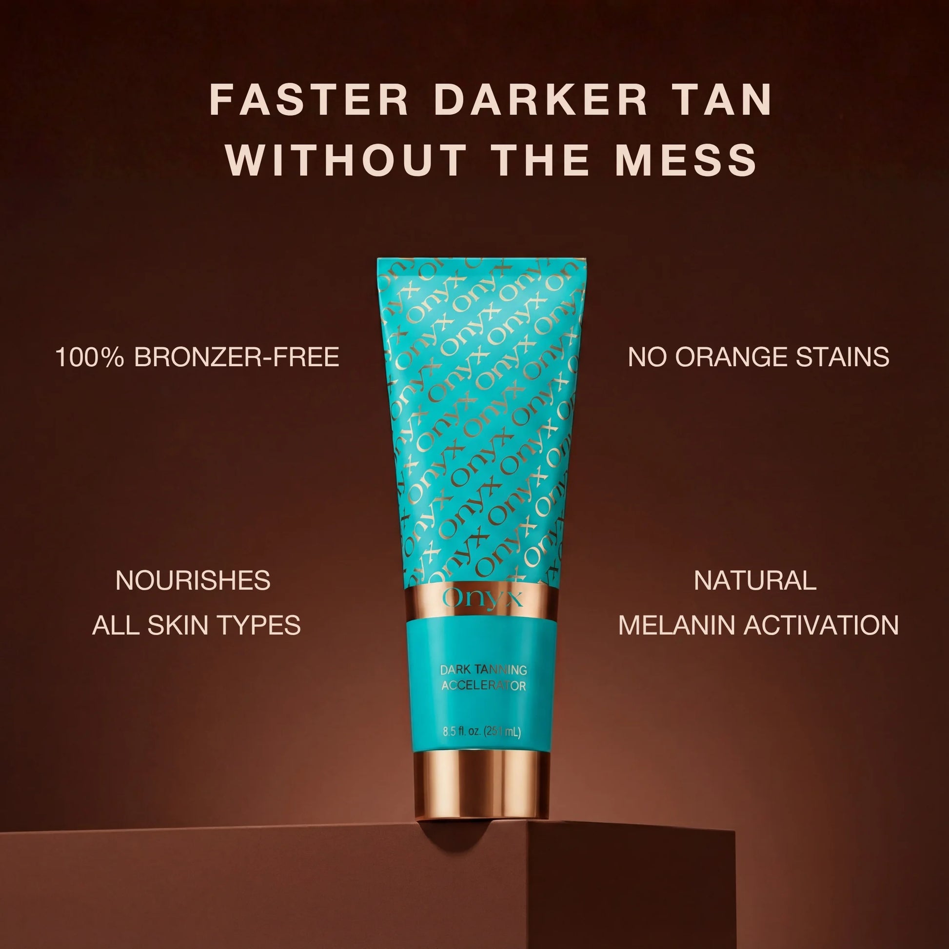 A product image of Onyx dark tanning accelerator is displayed with text describing its features, including bronzer-free formula and natural melanin activation.