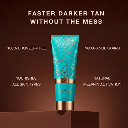 A product image of Onyx dark tanning accelerator is displayed with text describing its features, including bronzer-free formula and natural melanin activation.