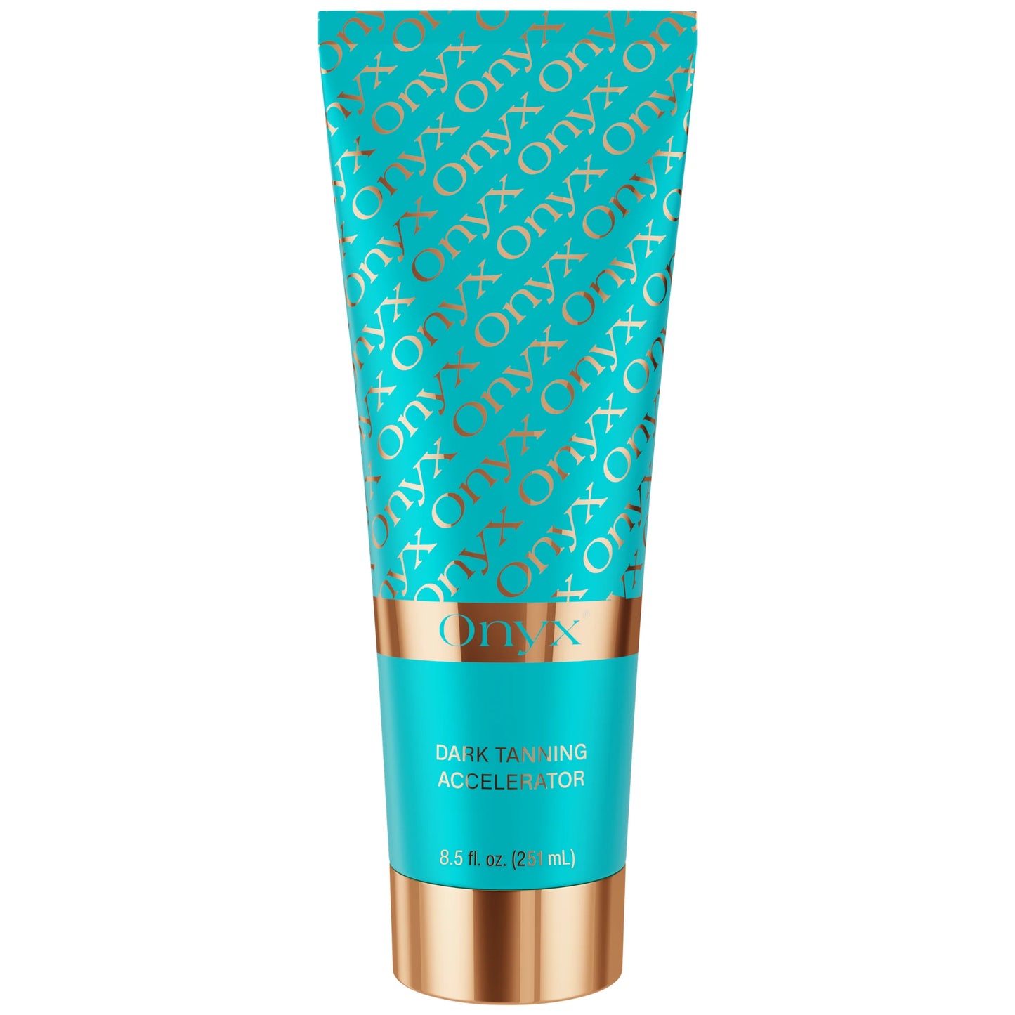 A turquoise tube of Onyx dark tanning accelerator is shown against a plain background, highlighting the product packaging and size.