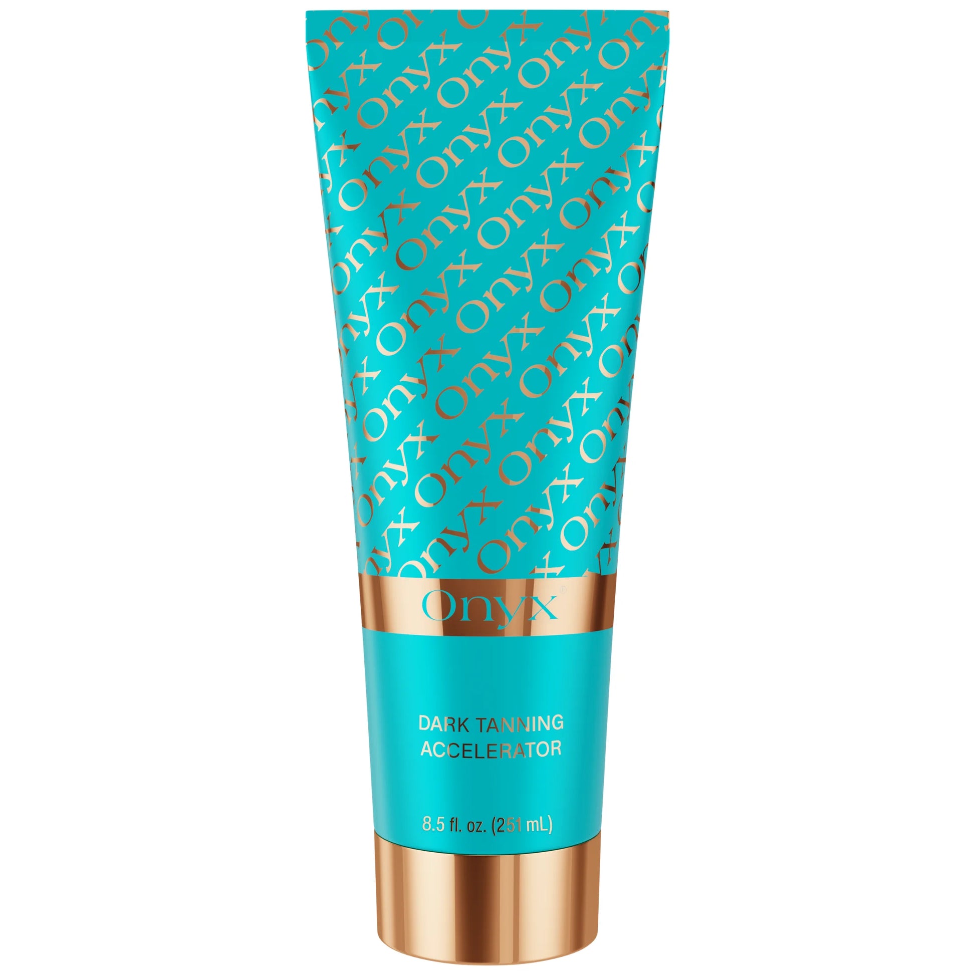 A turquoise tube of Onyx dark tanning accelerator is shown against a plain background, highlighting the product packaging and size.