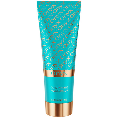 A turquoise tube of Onyx dark tanning accelerator is shown against a plain background, highlighting the product packaging and size.