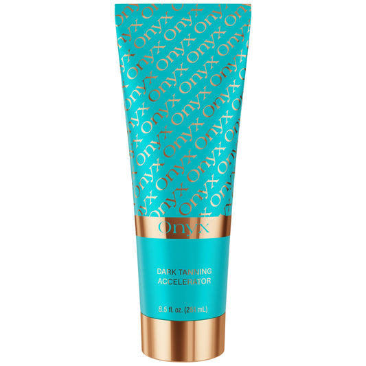A turquoise tube of Onyx dark tanning accelerator is shown against a plain background, highlighting the product packaging and size.
