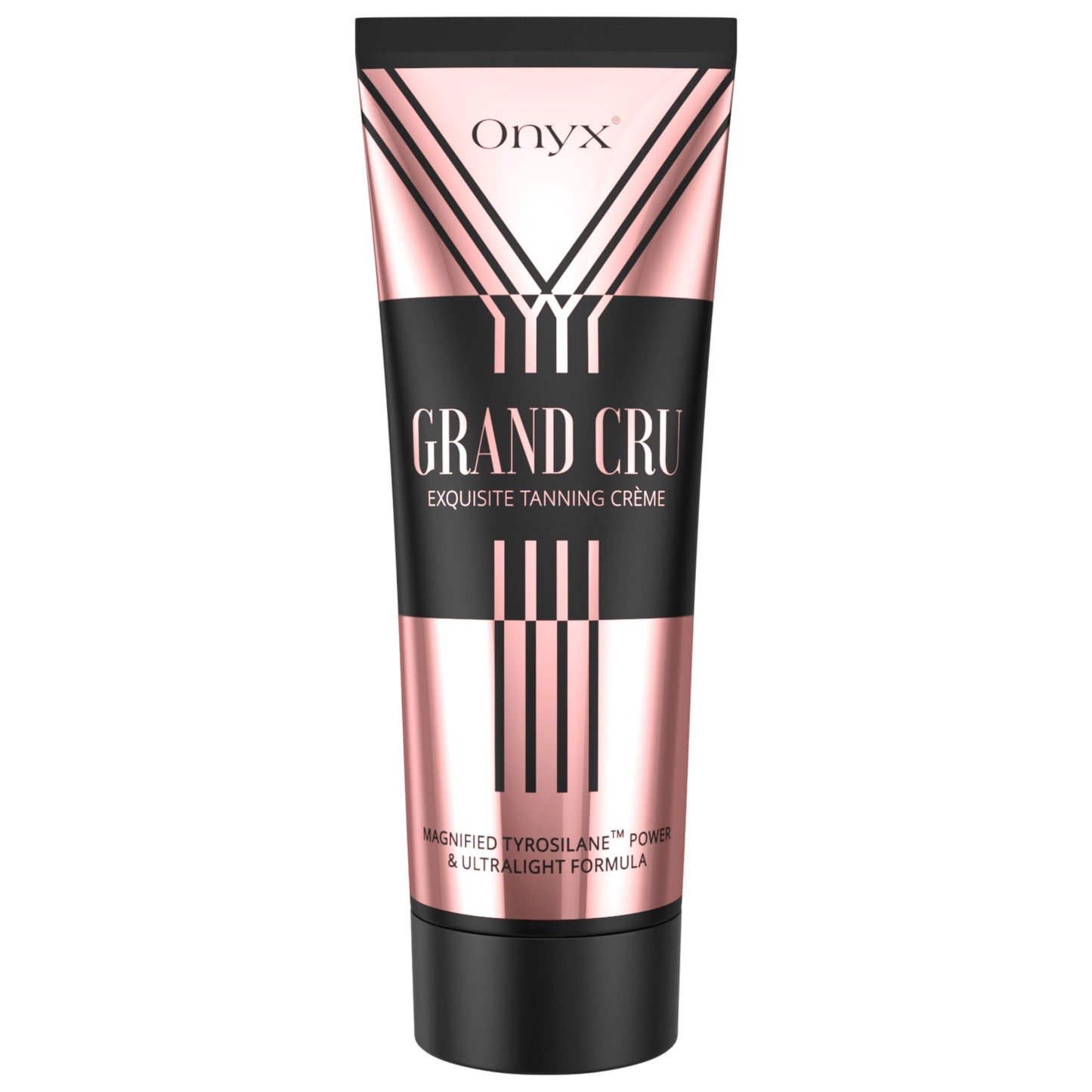 Onyx Grand Cru Sunbed Accelerator Cream by Onyx displayed on a white background, showing elegant rose gold and black packaging.