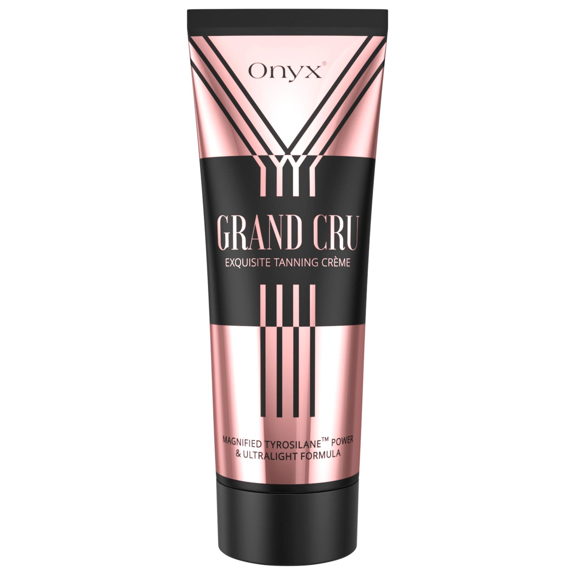 Onyx Grand Cru Sunbed Accelerator Cream by Onyx displayed on a white background, showing elegant rose gold and black packaging.