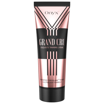 Onyx Grand Cru Sunbed Accelerator Cream by Onyx displayed on a white background, showing elegant rose gold and black packaging.