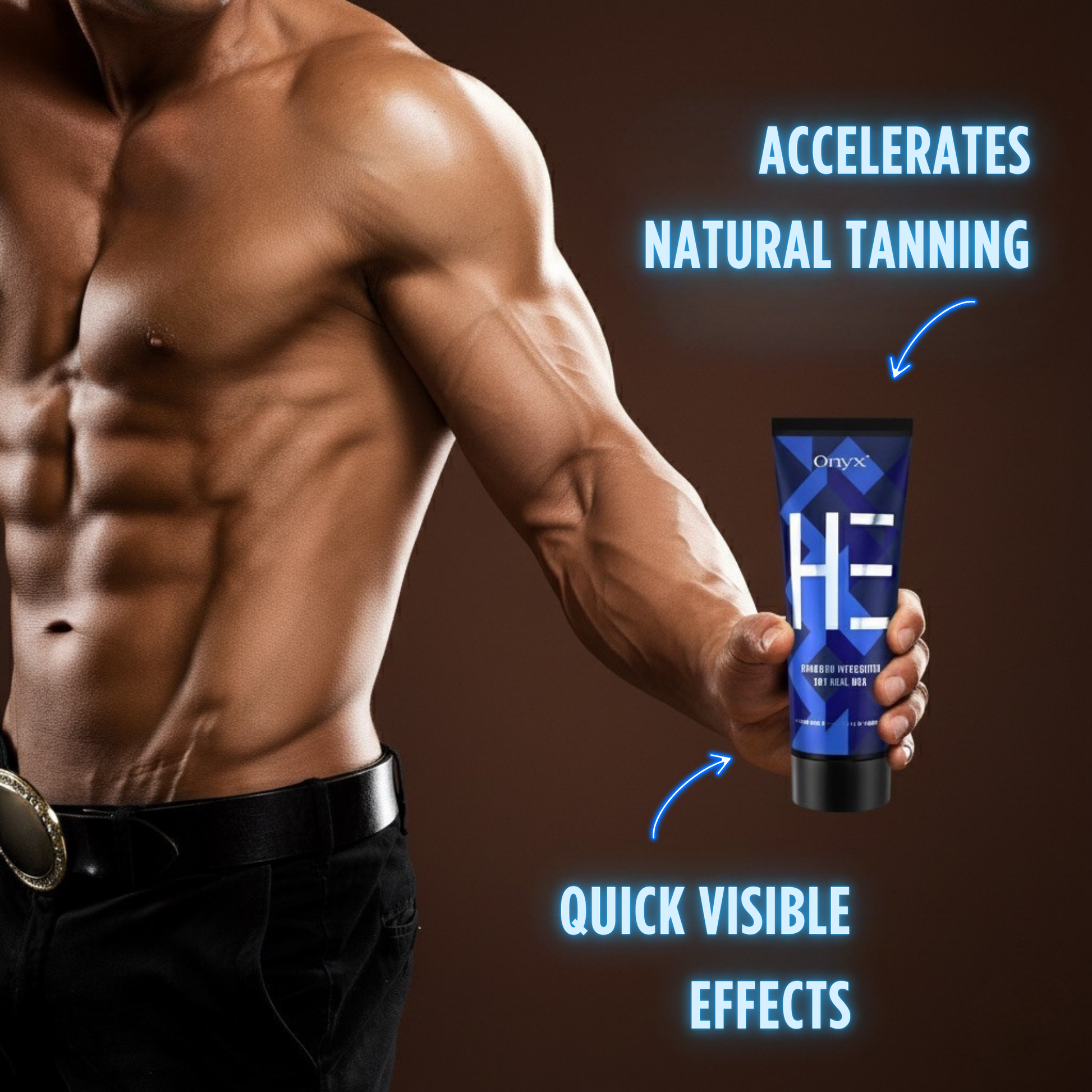 Man holding Onyx HE bronzing accelerator cream that accelerates natural tanning and gives quick visible effects