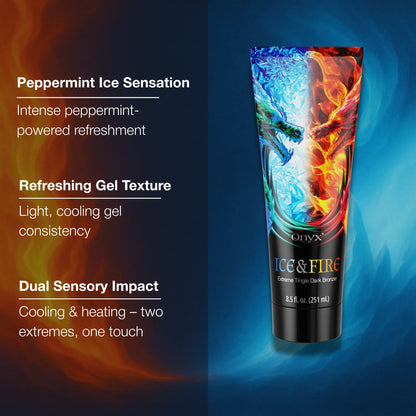 Onyx Ice & Fire bronzer highlighting peppermint ice sensation, cooling gel texture and dual hot-cold tanning impact.