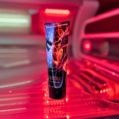 Onyx Ice & Fire tingle bronzer placed in a glowing red-lit sunbed, highlighting its heat-boosting power.