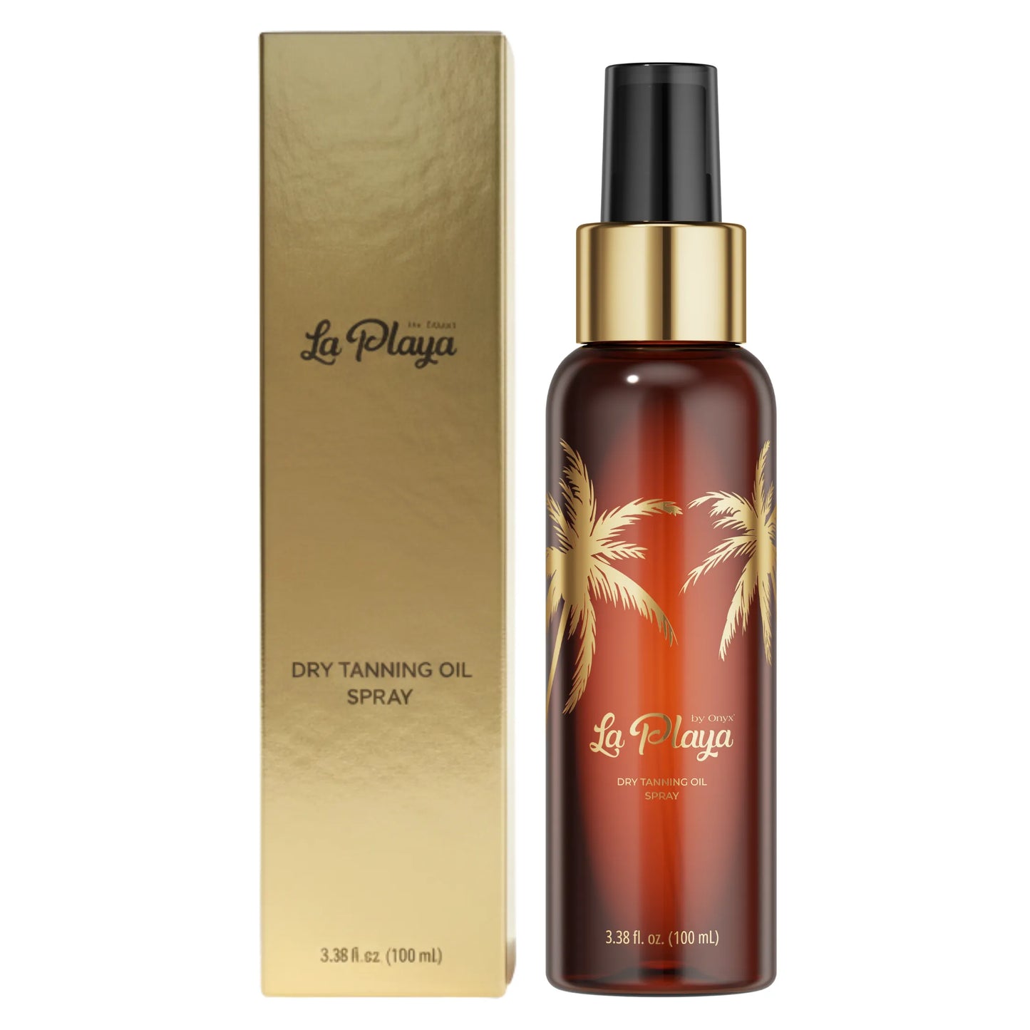Onyx La Playa Dry Tanning Oil Spray bottle displayed next to its gold product box on a clean white background.