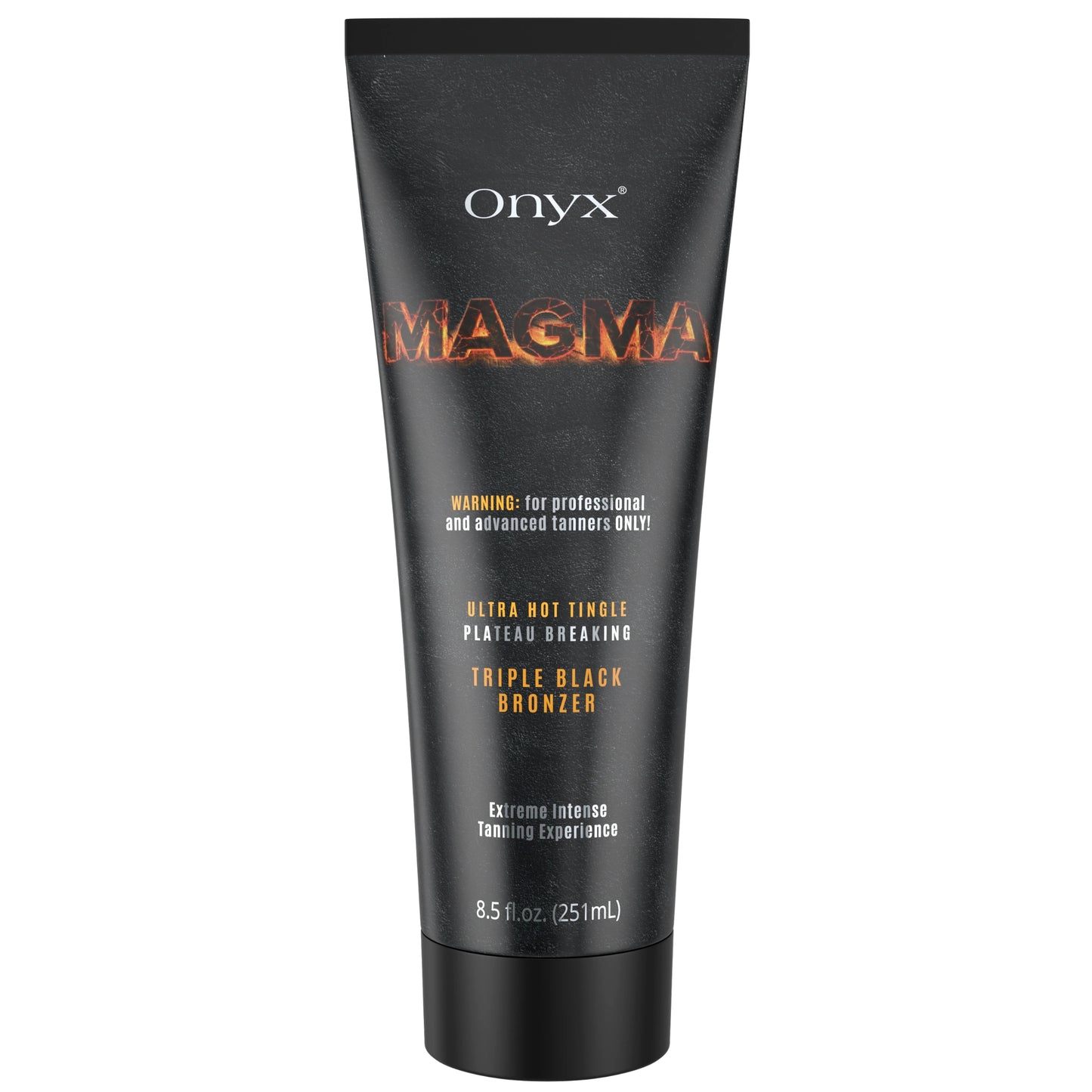 Onyx Magma tingle tanning cream tube with black packaging and fiery orange logo isolated on white background