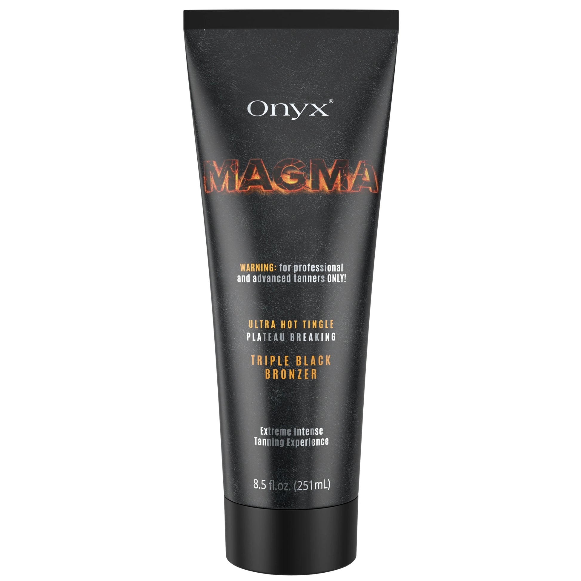 Onyx Magma tingle tanning cream tube with black packaging and fiery orange logo isolated on white background