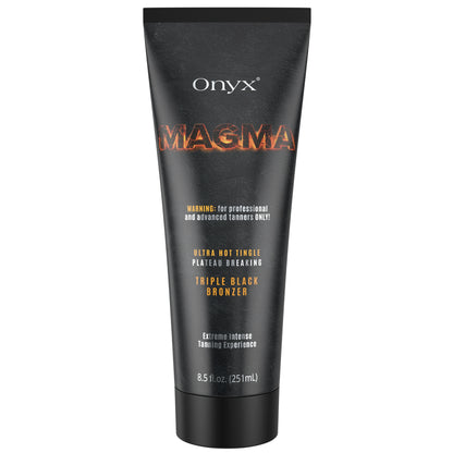 Onyx Magma tingle tanning cream tube with black packaging and fiery orange logo isolated on white background