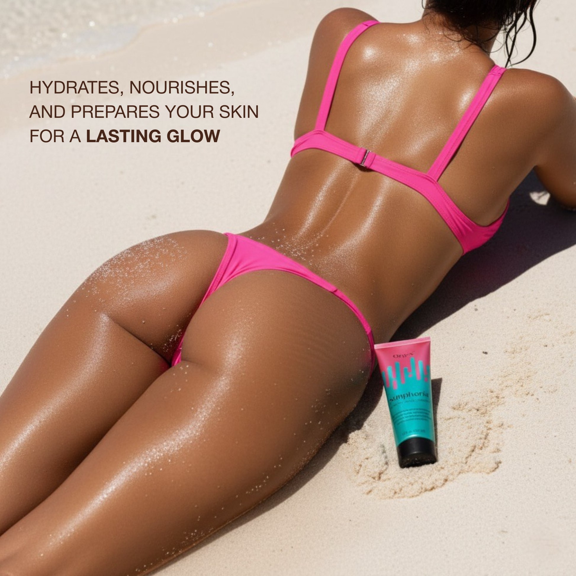 Woman lying on the sand with a noticeably bronzed complexion and Onyx Sunphoria nearby, a tanning lotion that hydrates the skin and supports a longer-lasting tan.
