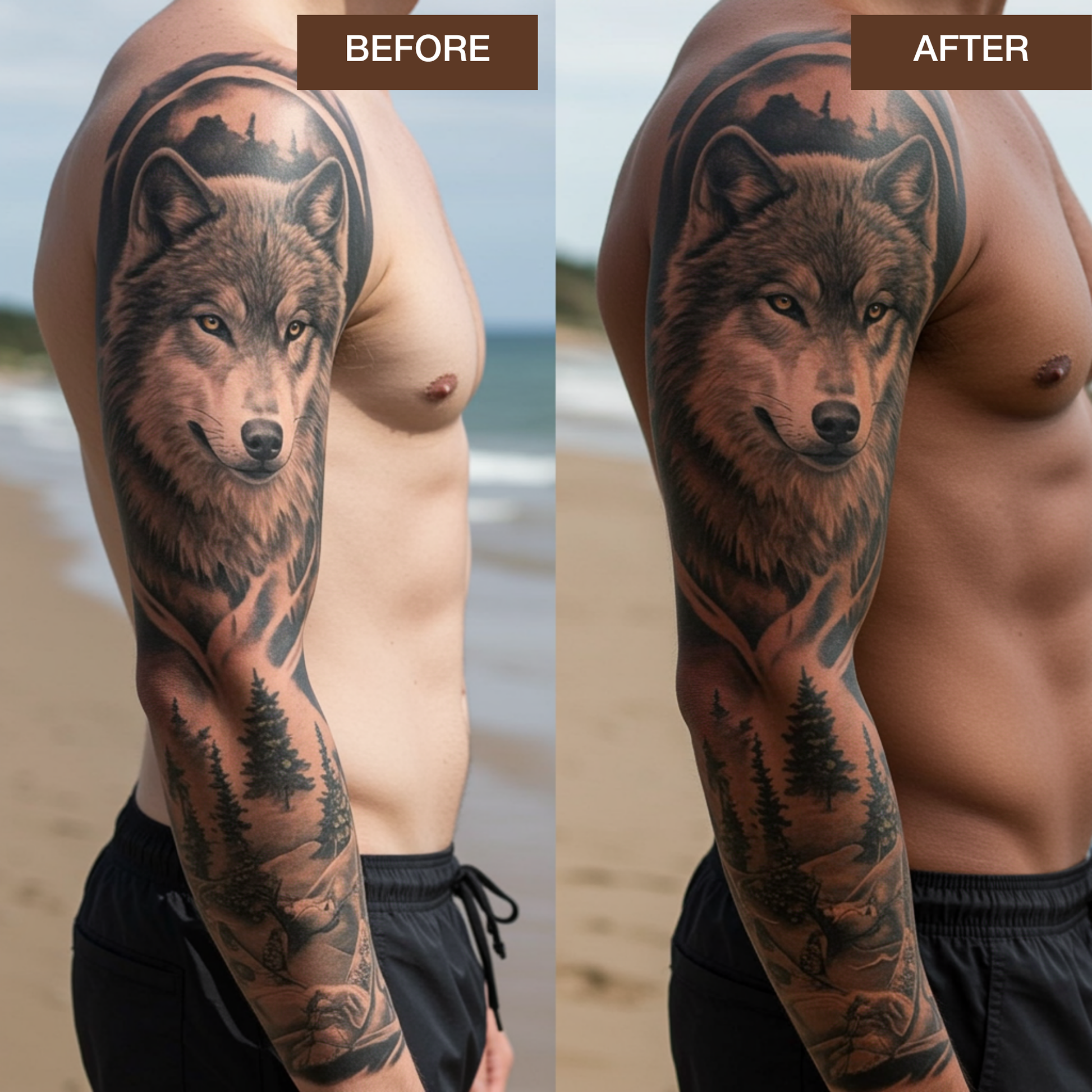 Before and after photo showing darker skin tone and enhanced tattoo visibility after using Onyx Tattoo sunbed cream bronzing accelerator