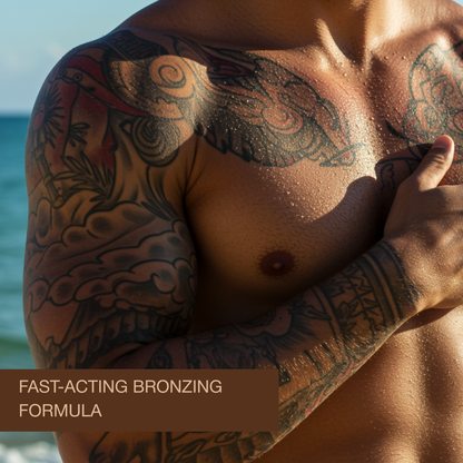 Close-up of male chest tattoos glistening under sunlight after applying Onyx Tattoo fast-acting bronzing sunbed cream