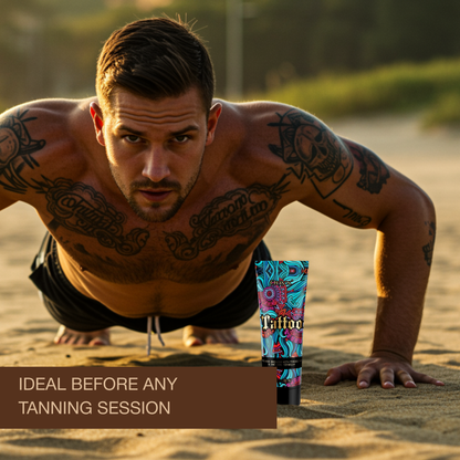 Man on the beach with tattoos using Onyx Tattoo sunbed cream ideal before any tanning session for quick dark tan results