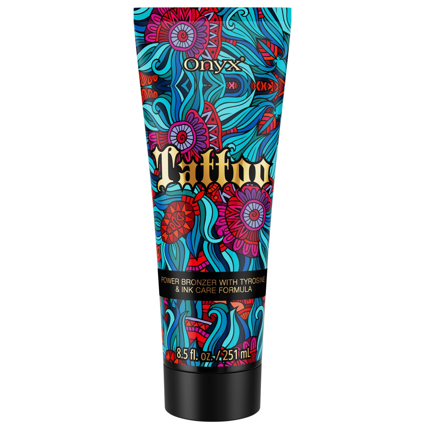 Onyx Tattoo Tanning Lotion with bronzing formula and ink care, designed to preserve tattoo vibrancy and enhance UV tanning.