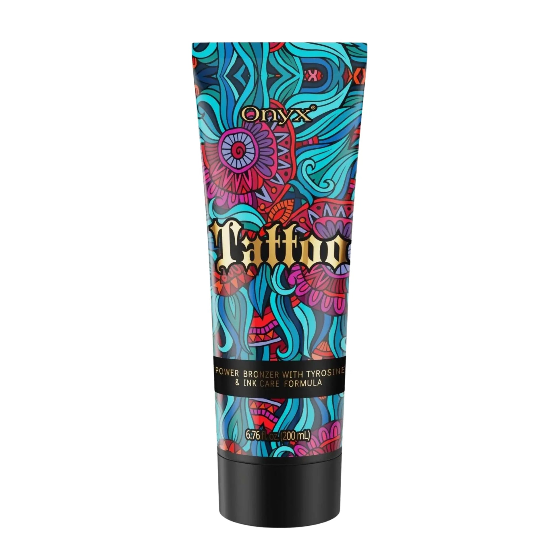 Onyx Tattoo sunbed cream power bronzer with tyrosine and ink care formula, designed to enhance dark tan and protect tattoo colour