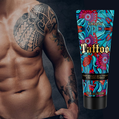 Onyx Tattoo Tanning Lotion with a tattooed male model, emphasizing deep bronzing and tattoo care.