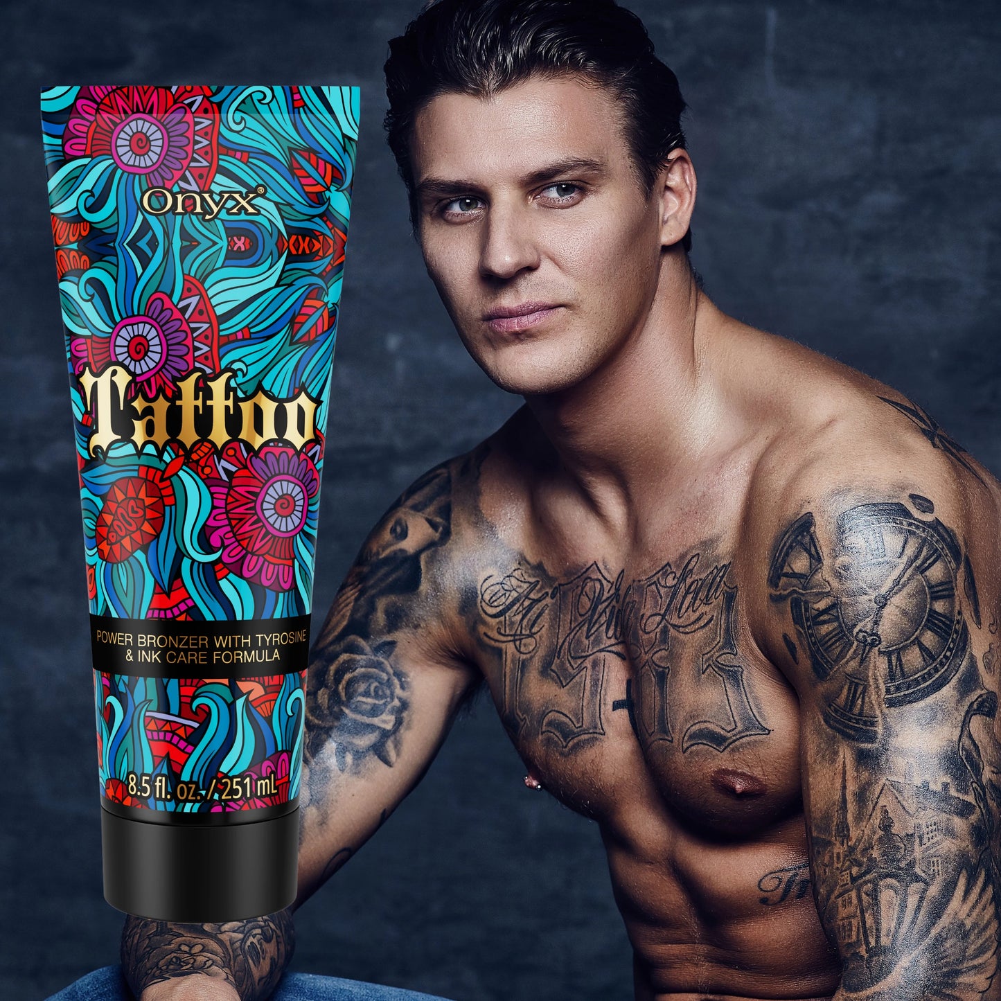 Onyx Tattoo Tanning Lotion next to a tattooed male model, showcasing bronzer benefits and ink care for men.