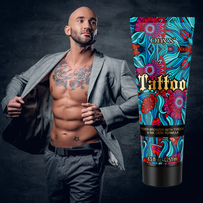 Onyx Tattoo Tanning Lotion with a tattooed male model in a suit, showcasing tattoo protection and bronzing power.