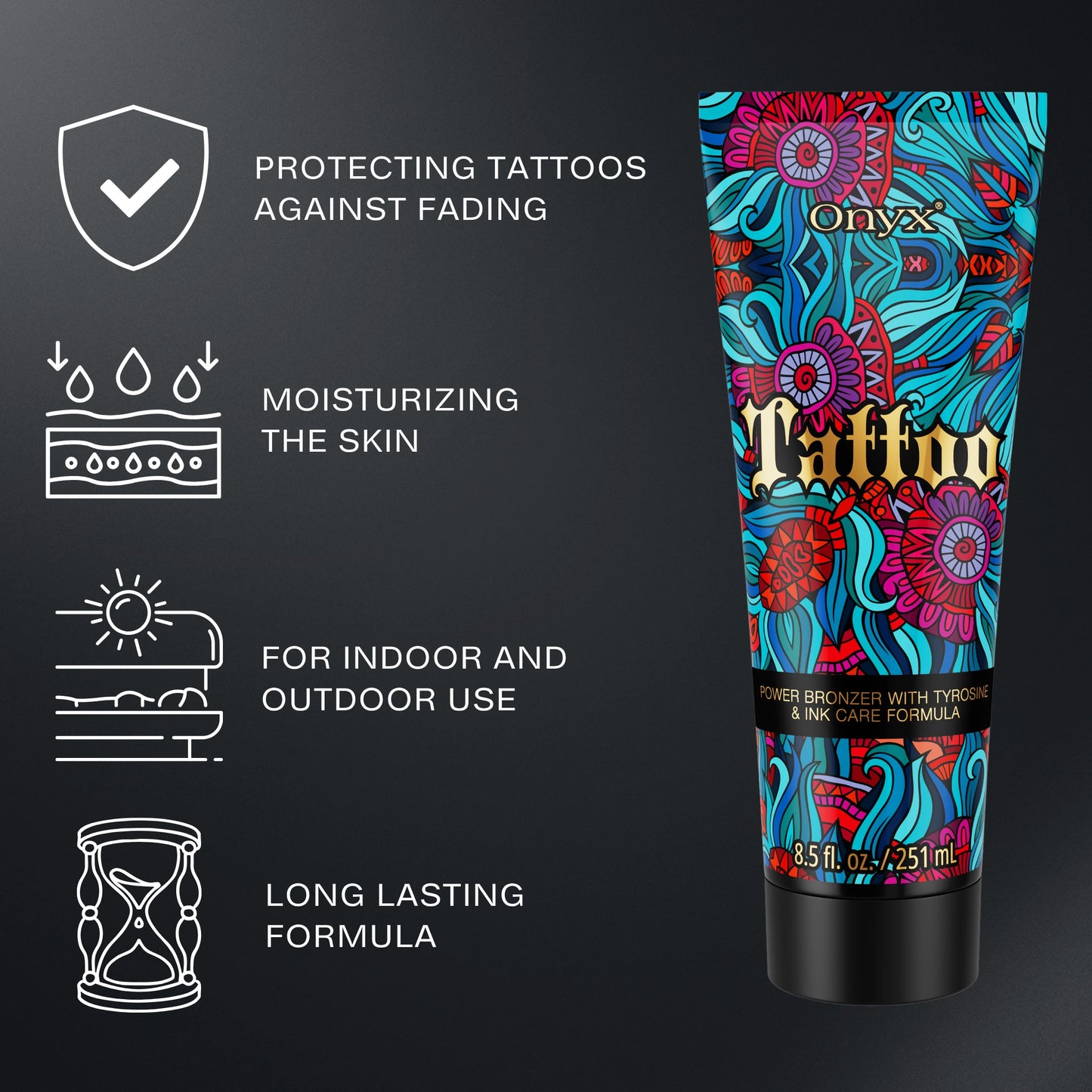Onyx Tattoo Tanning Lotion with key benefits including tattoo protection, deep hydration, and long-lasting bronzing results.
