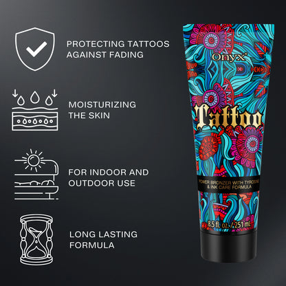 Onyx Tattoo Tanning Lotion with key benefits including tattoo protection, deep hydration, and long-lasting bronzing results.